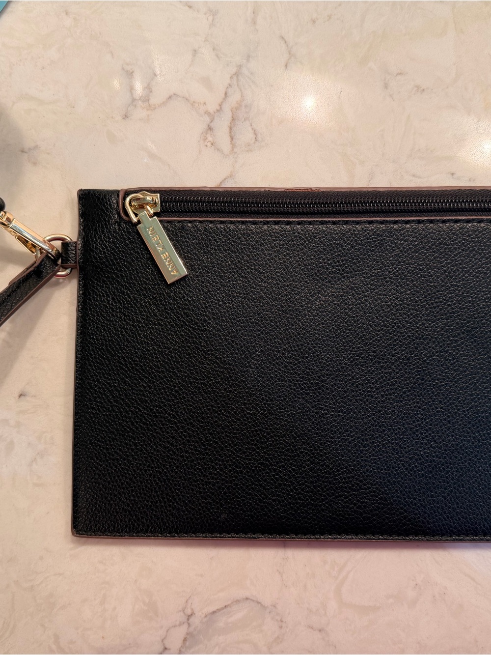 Anne Klein Black Pebbled Leather Wristlet with Gold Hardware